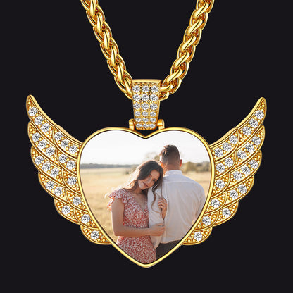 Personalized Picture Angel Wings Heart Necklace for Women with CZ in Gold Colors