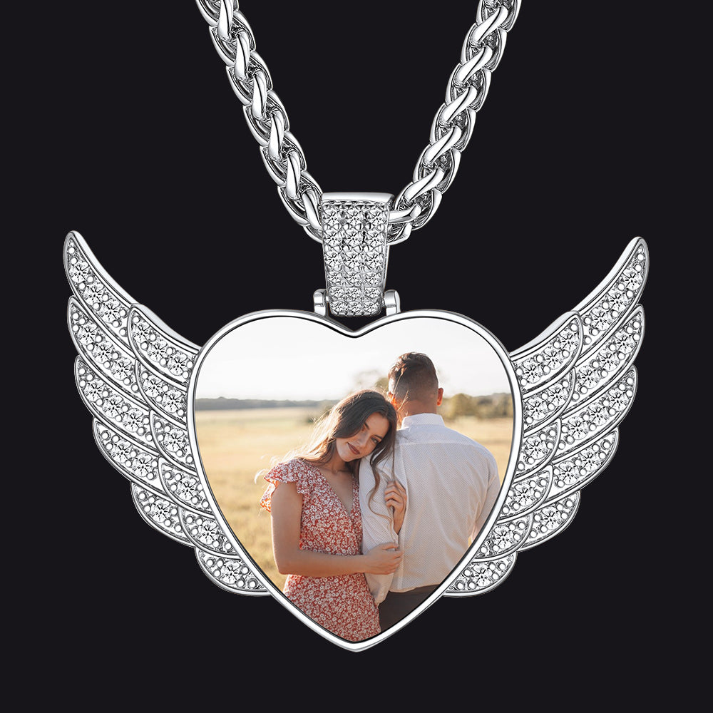 Personalized Picture Angel Wings Heart Necklace for Women with CZ, Memorial Jewelry