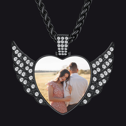 Personalized Picture Angel Wings Heart Necklace for Women with CZ, Memorial Jewelry
