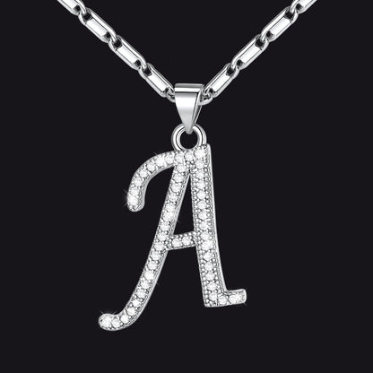 Silver letter A initial necklace with CZ crystals for women