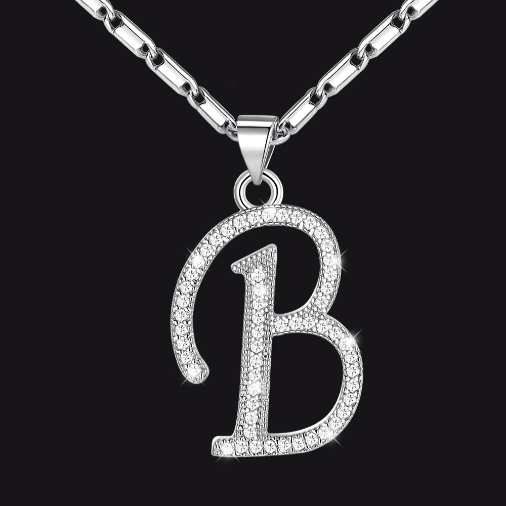 Silver letter B initial necklace with CZ crystals for women