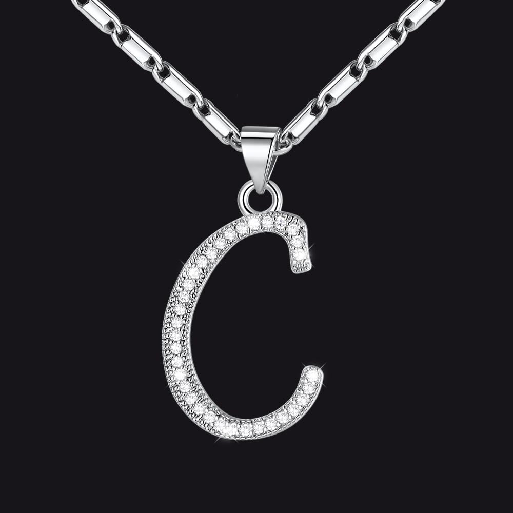Silver letter C initial necklace with CZ crystals for women