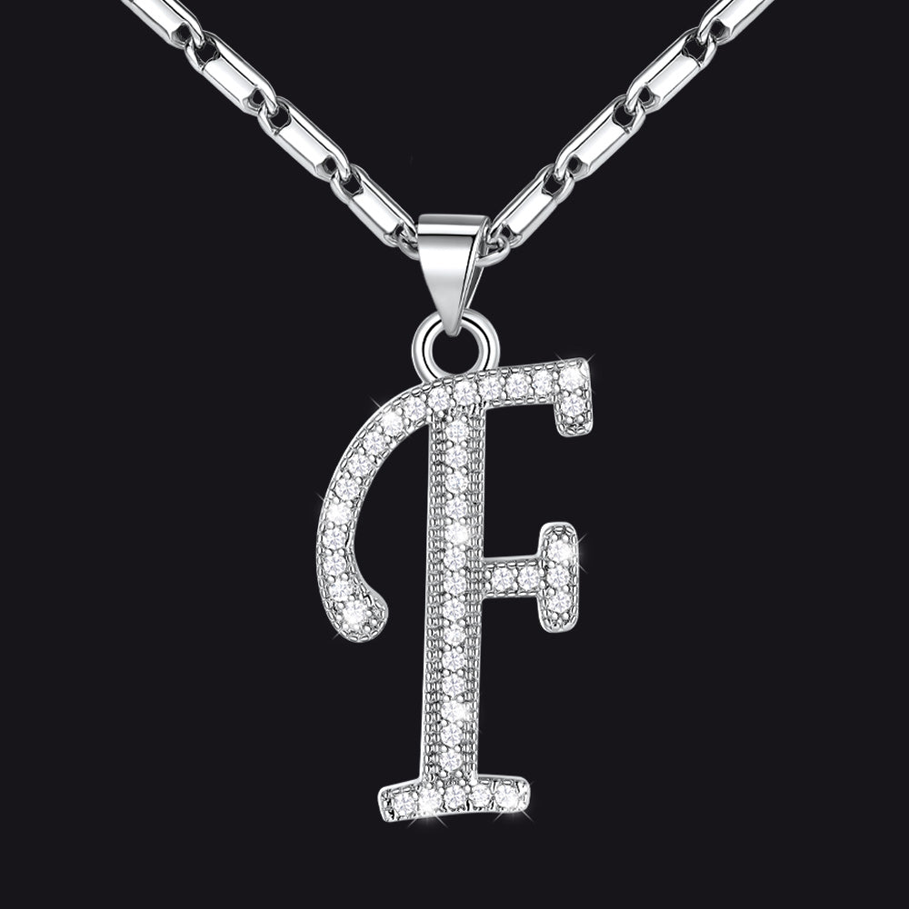 Silver letter F initial necklace with CZ crystals for women