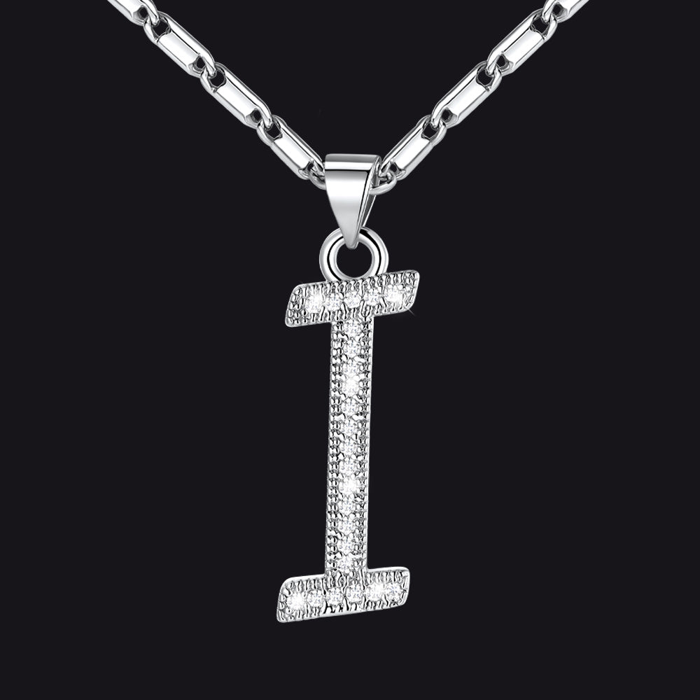 Silver letter I initial necklace with CZ crystals for women