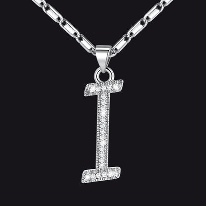 Silver letter I initial necklace with CZ crystals for women