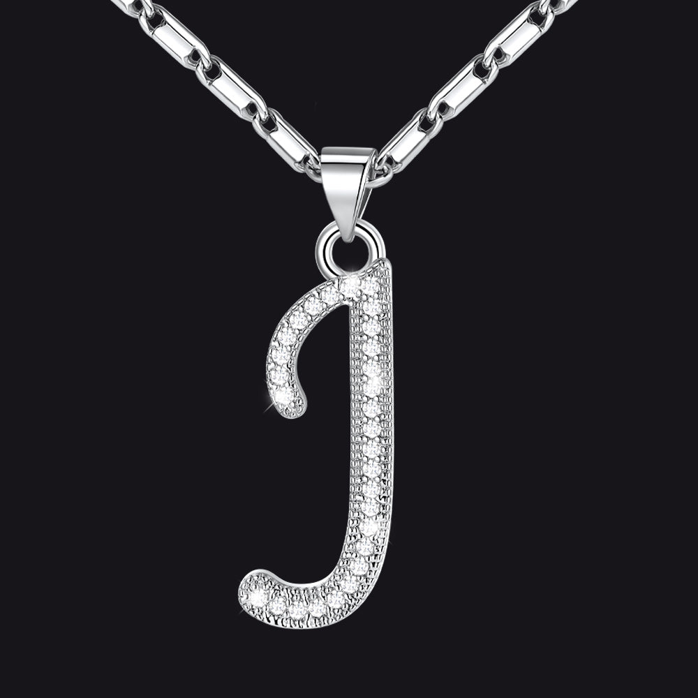 Silver letter J initial necklace with CZ crystals for women