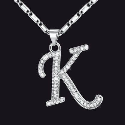 Silver letter K initial necklace with CZ crystals for women