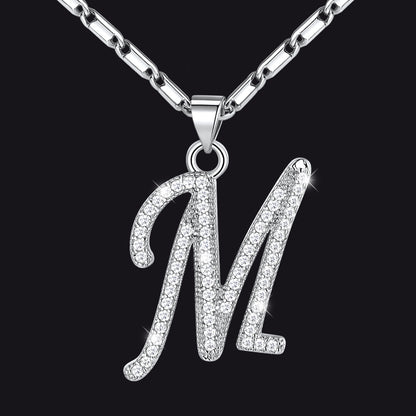 Silver letter M initial necklace with CZ crystals for women