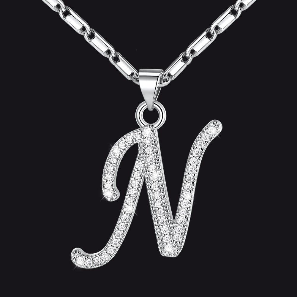 Silver letter N initial necklace with CZ crystals for women