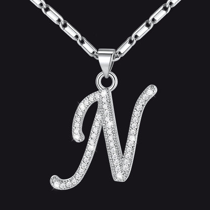 Silver letter N initial necklace with CZ crystals for women