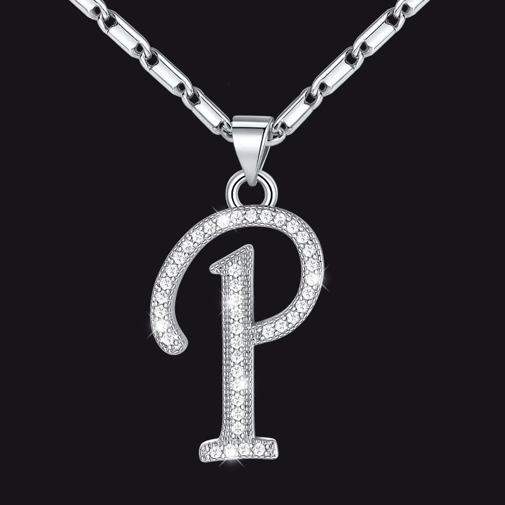 Silver letter P initial necklace with CZ crystals for women