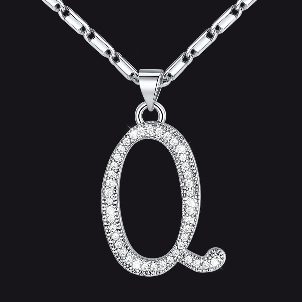 Silver letter Q initial necklace with CZ crystals for women