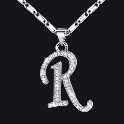 Silver letter R initial necklace with CZ crystals for women