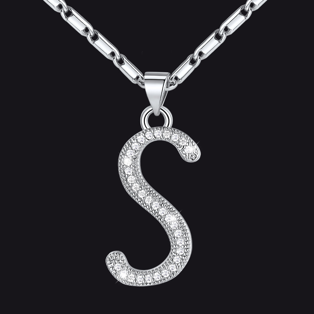 Silver letter S initial necklace with CZ crystals for women