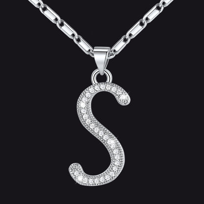 Silver letter S initial necklace with CZ crystals for women