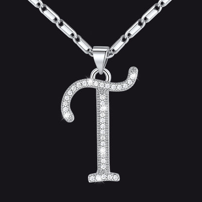 Silver letter T initial necklace with CZ crystals for women