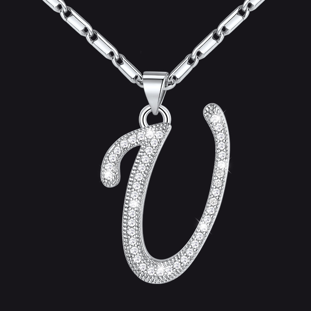 Silver letter U initial necklace with CZ crystals for women