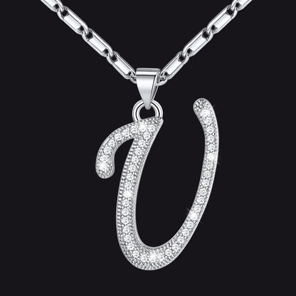 Silver letter U initial necklace with CZ crystals for women