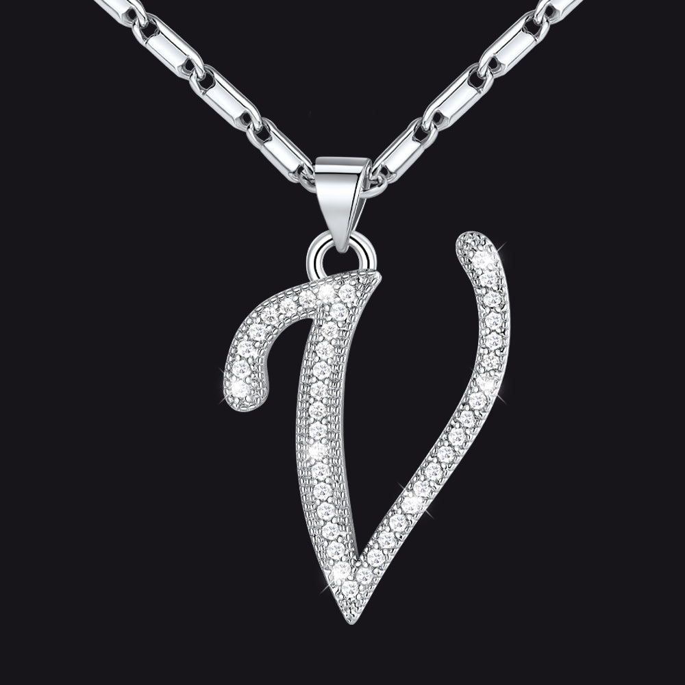Silver letter V initial necklace with CZ crystals for women