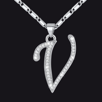Silver letter V initial necklace with CZ crystals for women