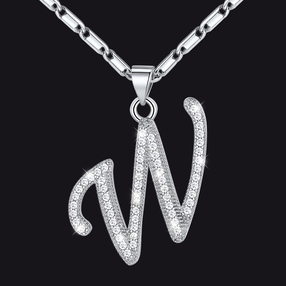 Silver letter W initial necklace with CZ crystals for women