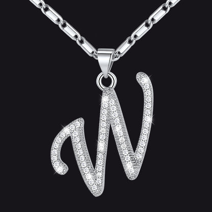 Silver letter W initial necklace with CZ crystals for women