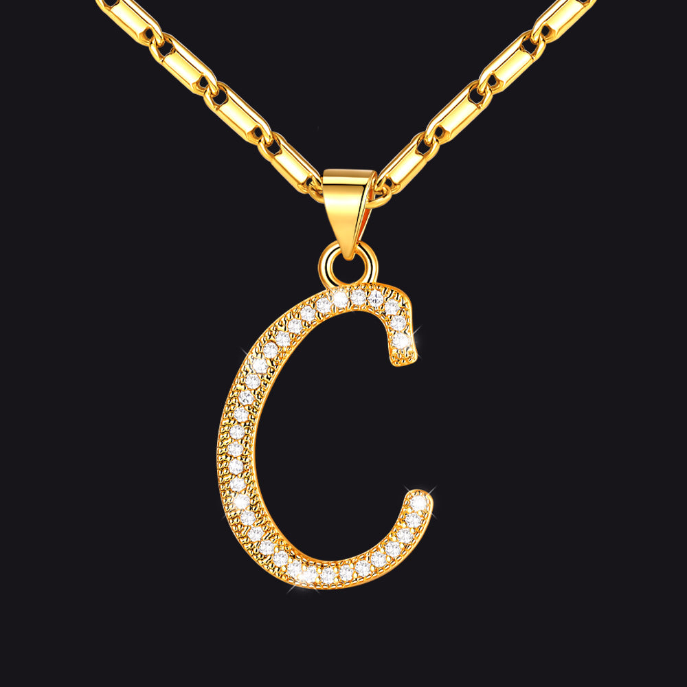 Gold letter C initial necklace with CZ crystals for women
