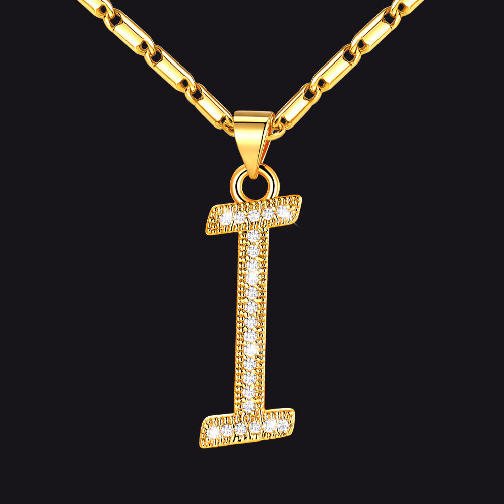 Gold letter I initial necklace with CZ crystals for women