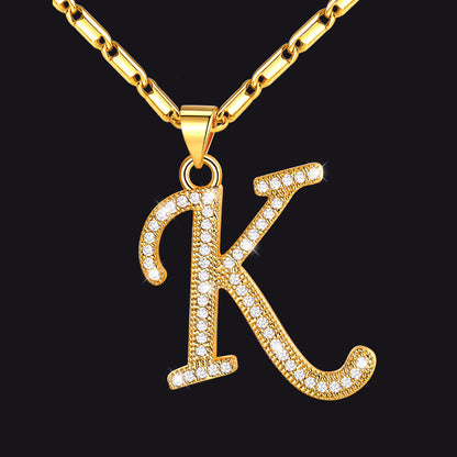 Gold letter K initial necklace with CZ crystals for women