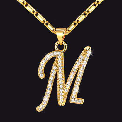 Gold letter M initial necklace with CZ crystals for women