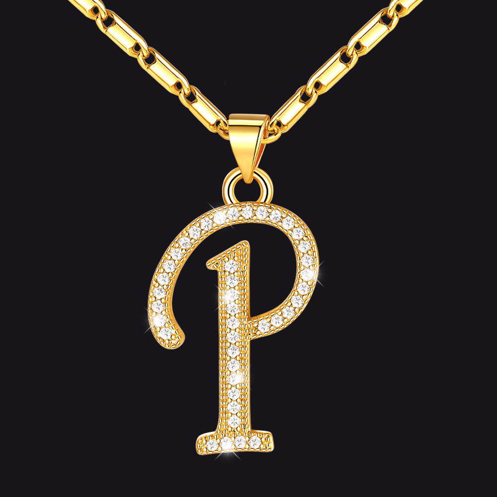 Gold letter P initial necklace with CZ crystals for women