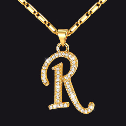 Gold letter R initial necklace with CZ crystals for women