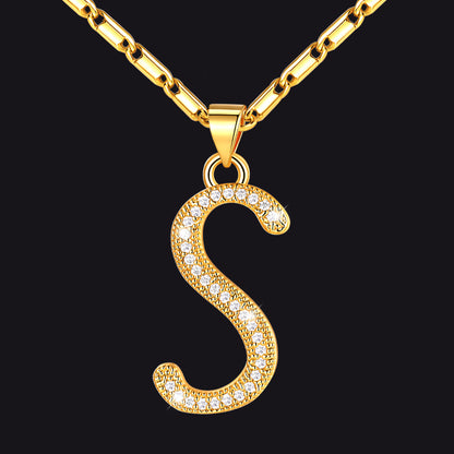 Gold letter S initial necklace with CZ crystals for women