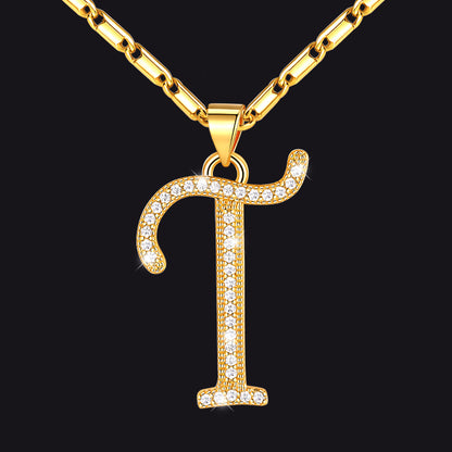 Gold letter T initial necklace with CZ crystals for women