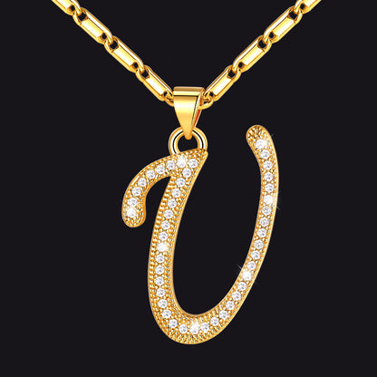 Gold letter U initial necklace with CZ crystals for women