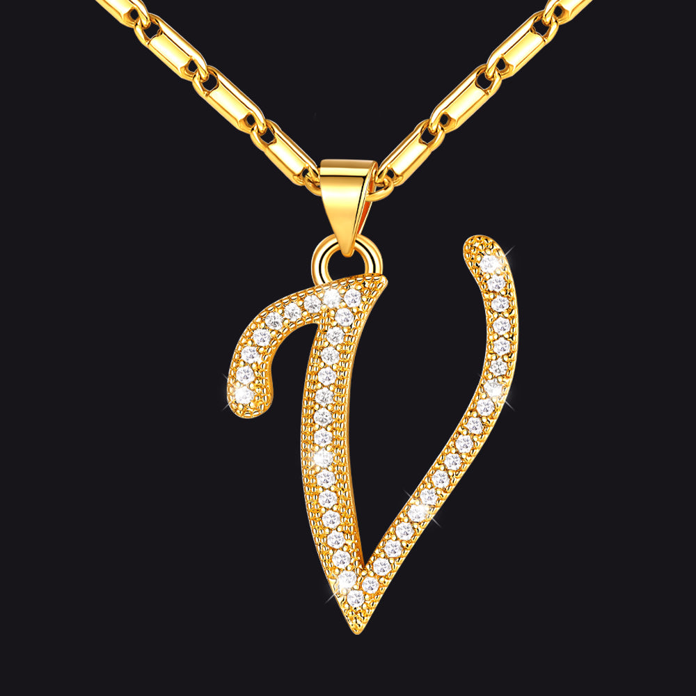 Gold letter V initial necklace with CZ crystals for women