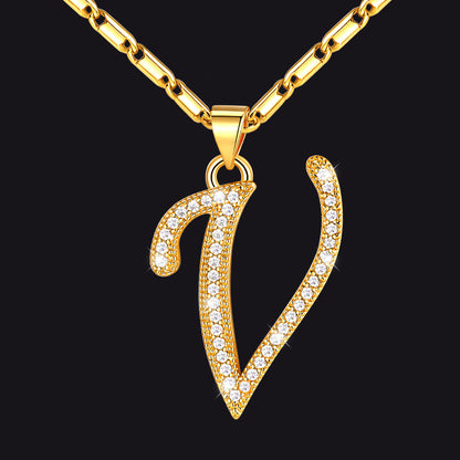 Gold letter V initial necklace with CZ crystals for women