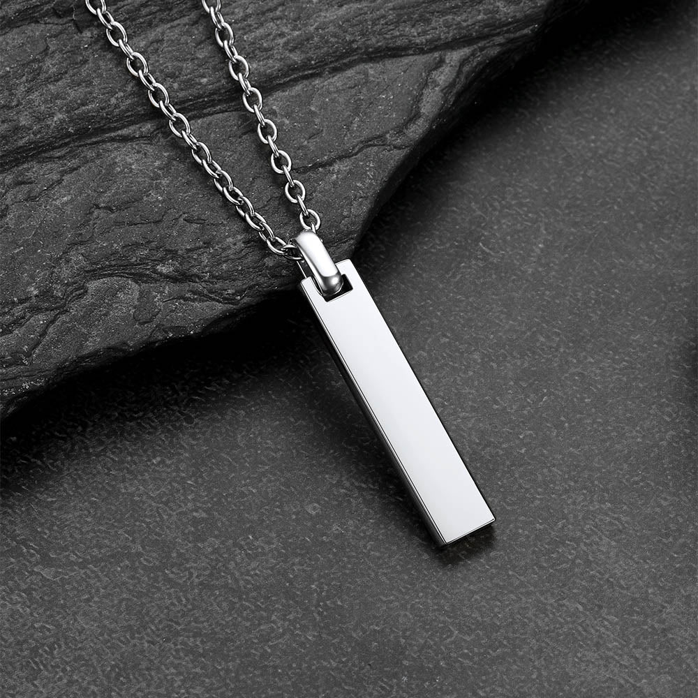 Minimalism engraved text bar necklace in steel side view