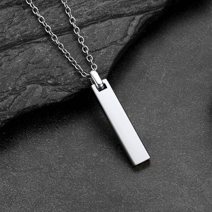 Minimalism engraved text bar necklace in steel side view