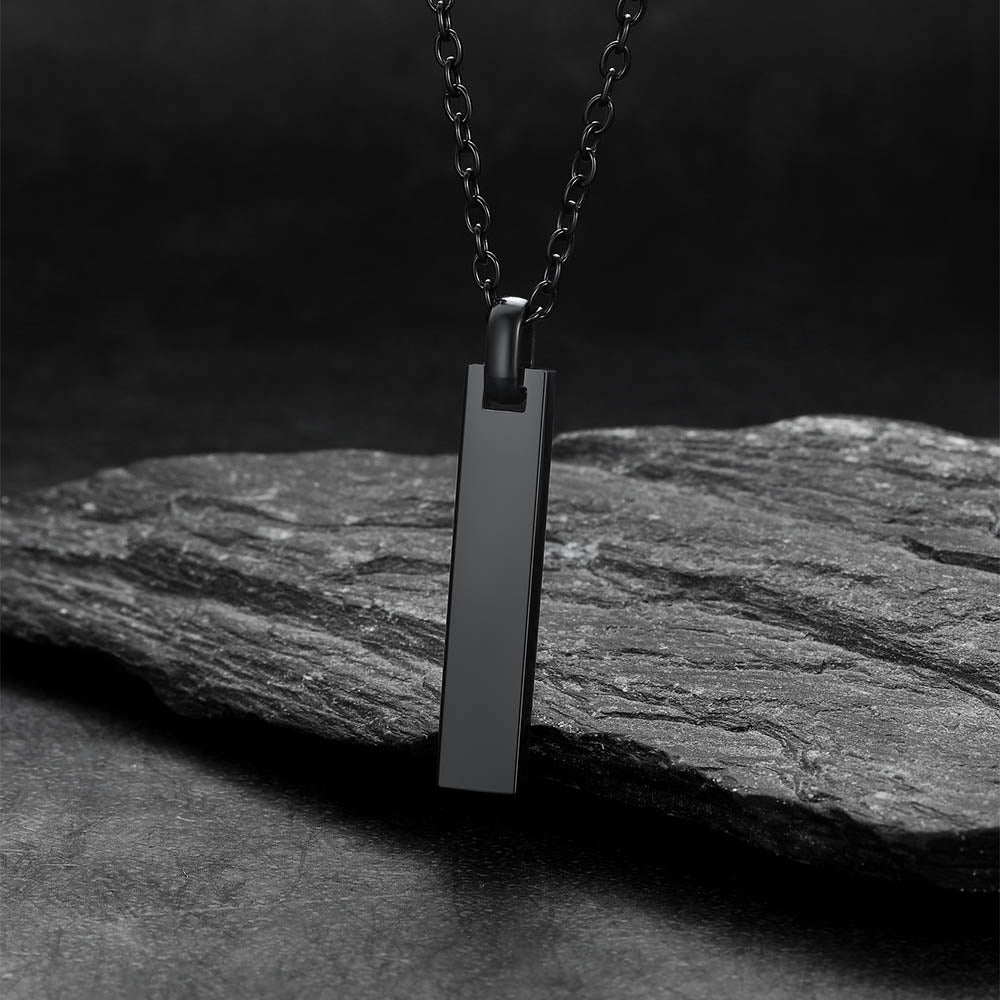 Minimalism engraved text bar necklace in black side view