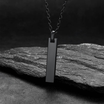 Minimalism engraved text bar necklace in black side view