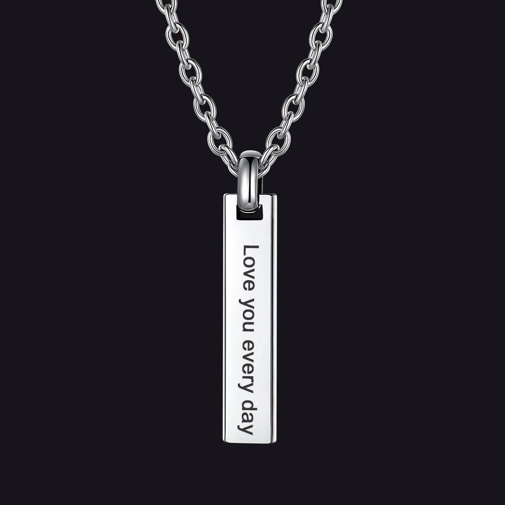 Minimalism engraved text bar necklace in steel front view
