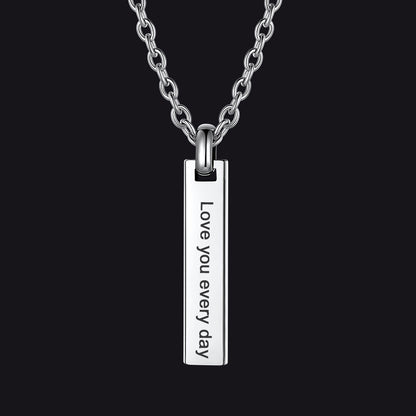 Minimalism engraved text bar necklace in steel front view