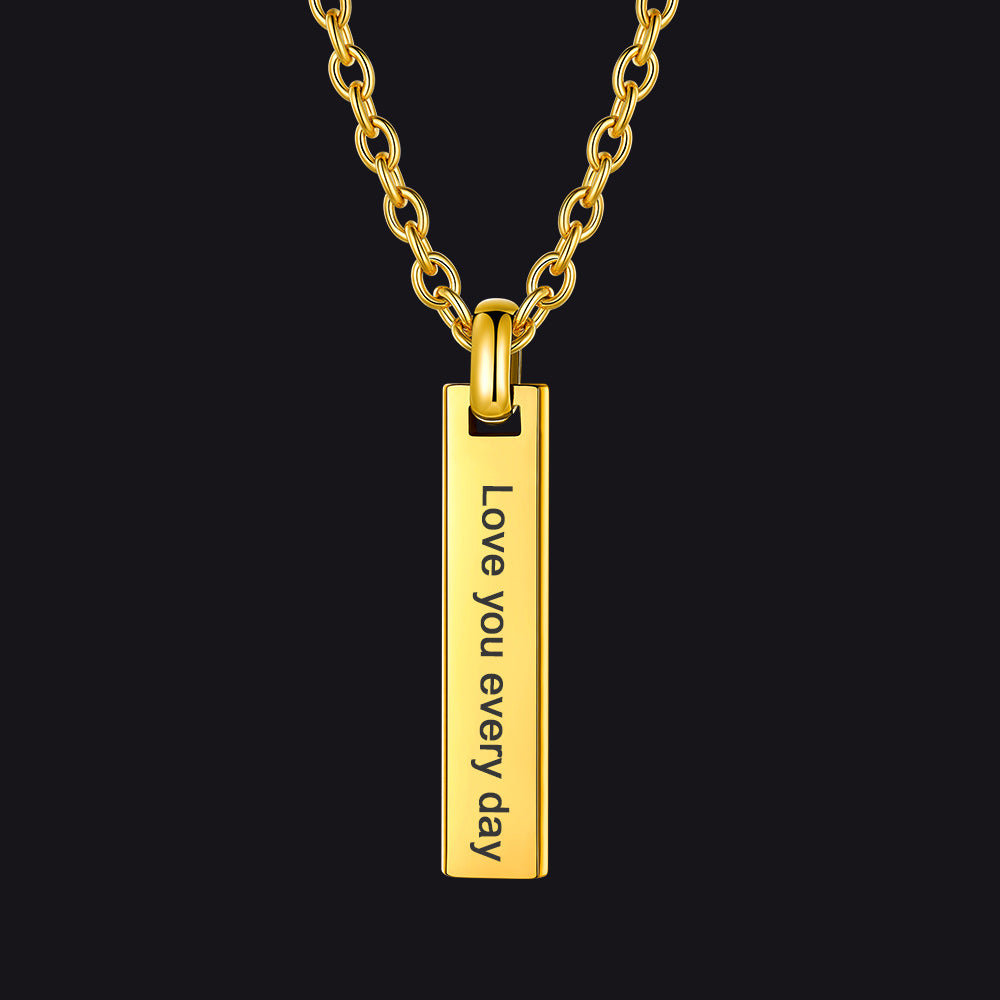 Minimalism engraved text bar necklace in gold front view