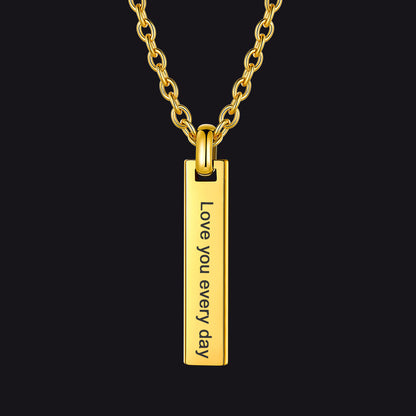 Minimalism engraved text bar necklace in gold front view
