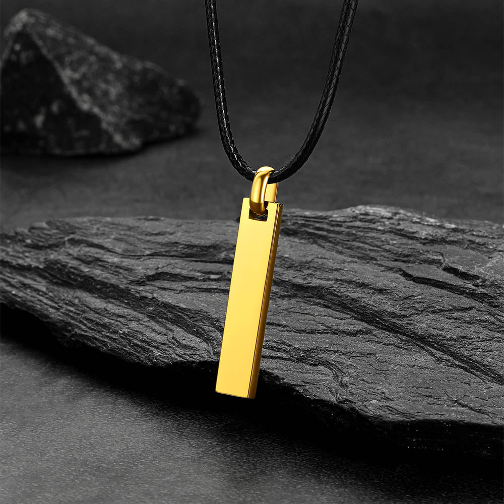 Gold Engraved Bar Braided Leather Necklace