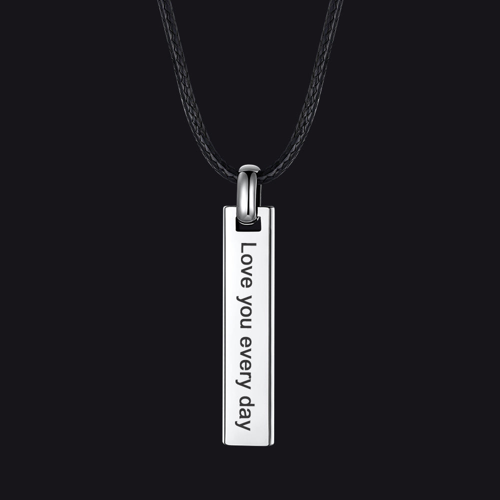 Engraved Bar Braided Leather Necklace for Men Women Steel