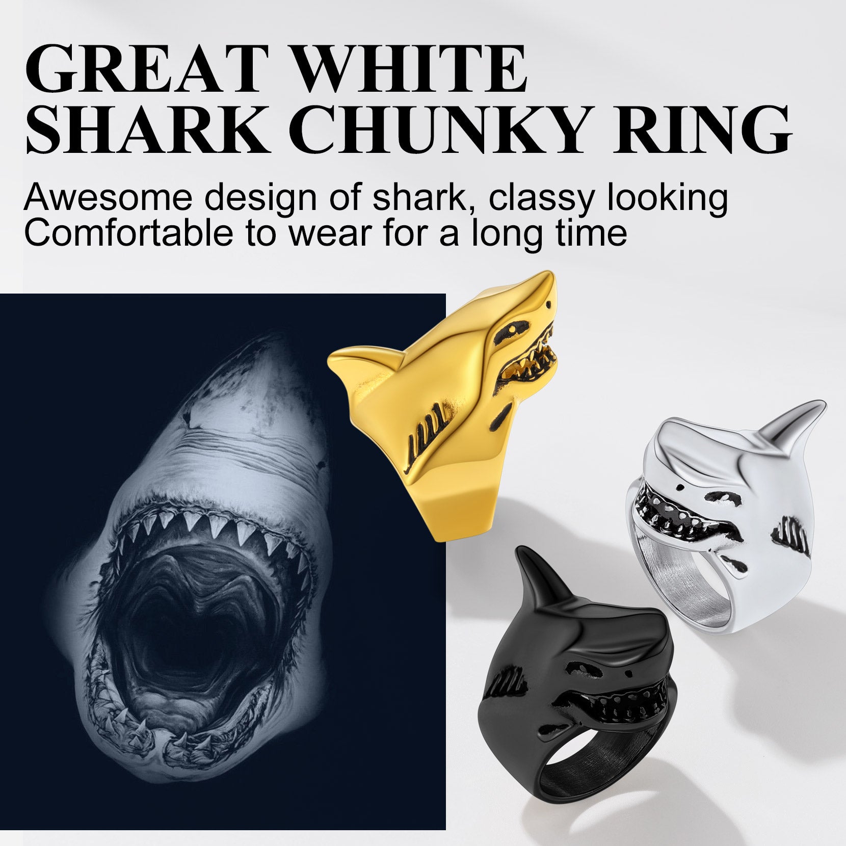 Gothic shark rings in black, steel, and gold displayed