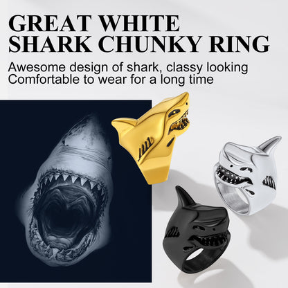 Gothic shark rings in black, steel, and gold displayed