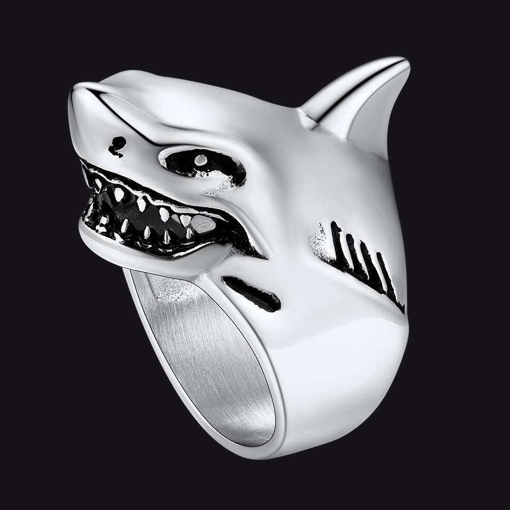 Silver-tone shark design ring with Gothic edge and bold face